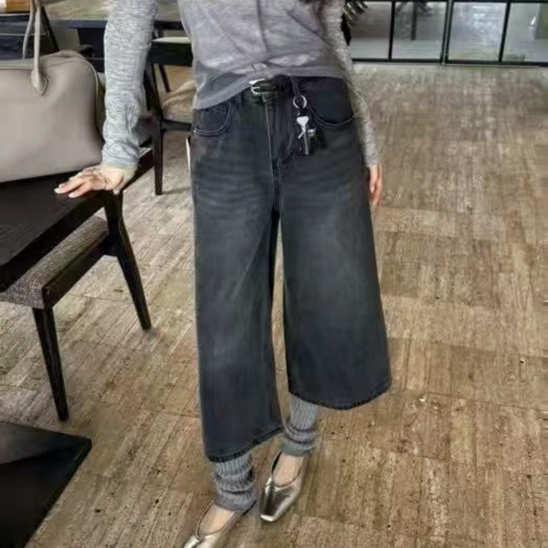 【西單會馆】自带挂件高腰显瘦八分牛仔阔腿裤