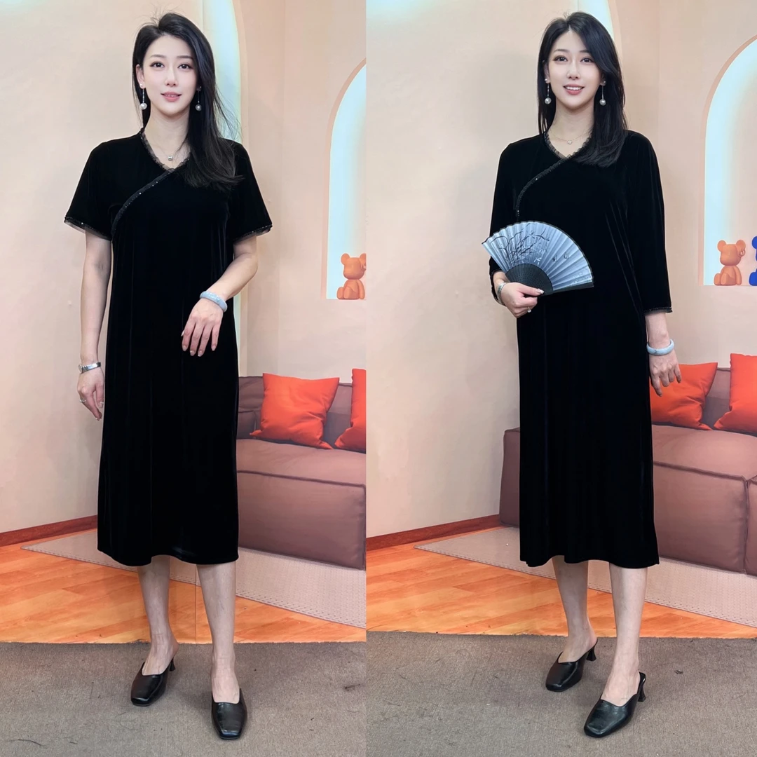 【宝藏衣橱上新】夏秋V领气质时尚百搭女士侧开叉短袖连衣裙（娜）