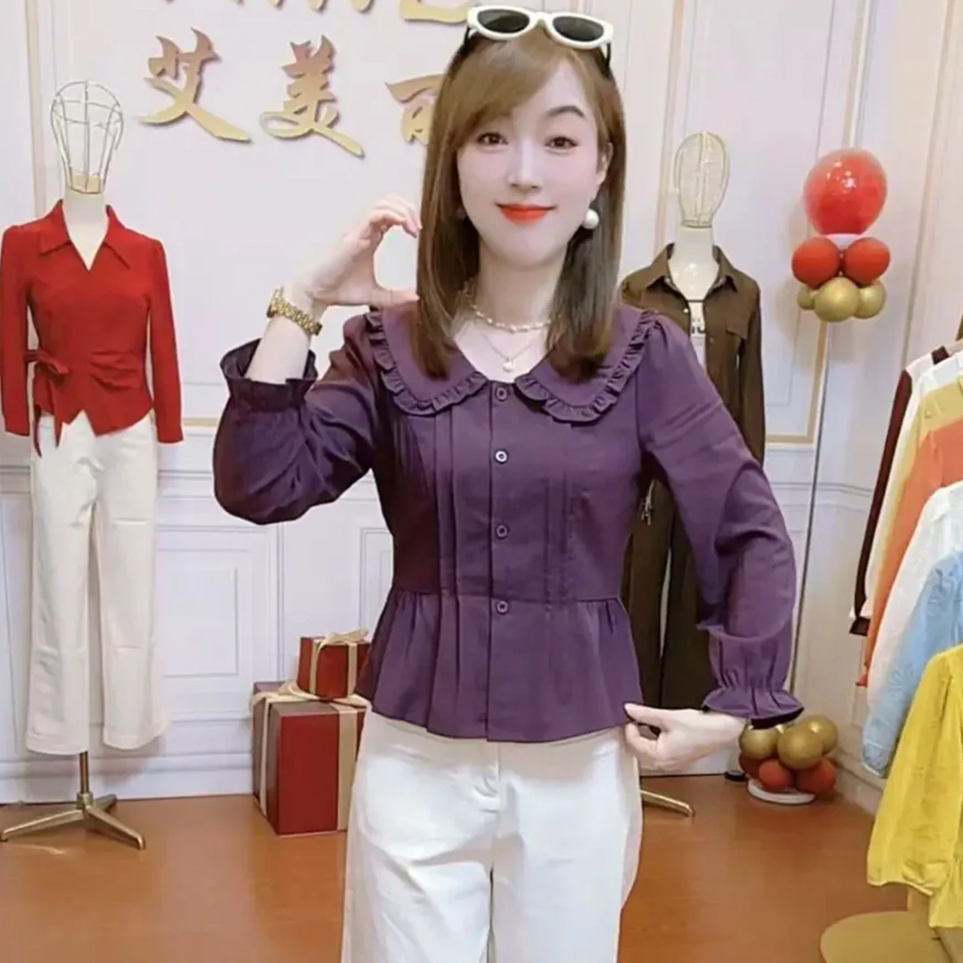 长袖衬衫女2025秋季新款小个子显瘦百搭设计感翻领花边袖短款上衣