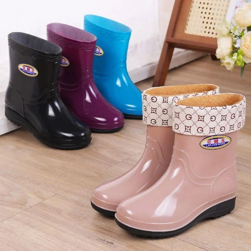 加厚底雨鞋女中筒保暖加绒防滑防水鞋短筒成人雨靴厨房超厚胶鞋冬