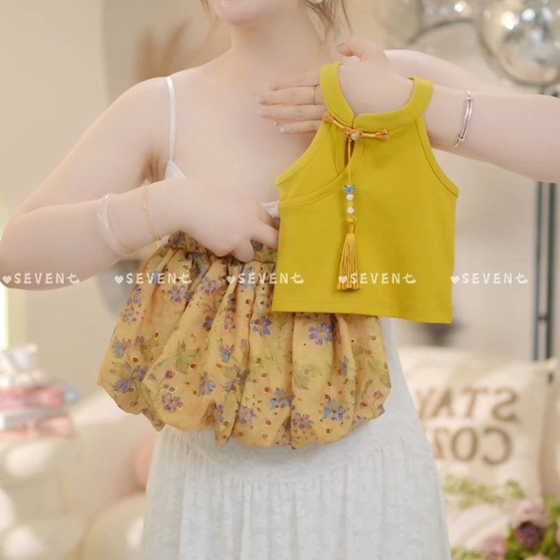 女童夏季时尚套装2025夏装新款女宝宝洋气盘扣背心花苞短裤两件套