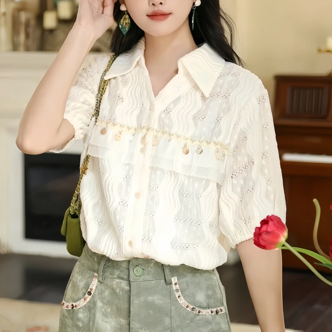 蕾丝短袖衬衫女气质新款轻奢衬衣设计感小众港风显瘦上衣2025夏季