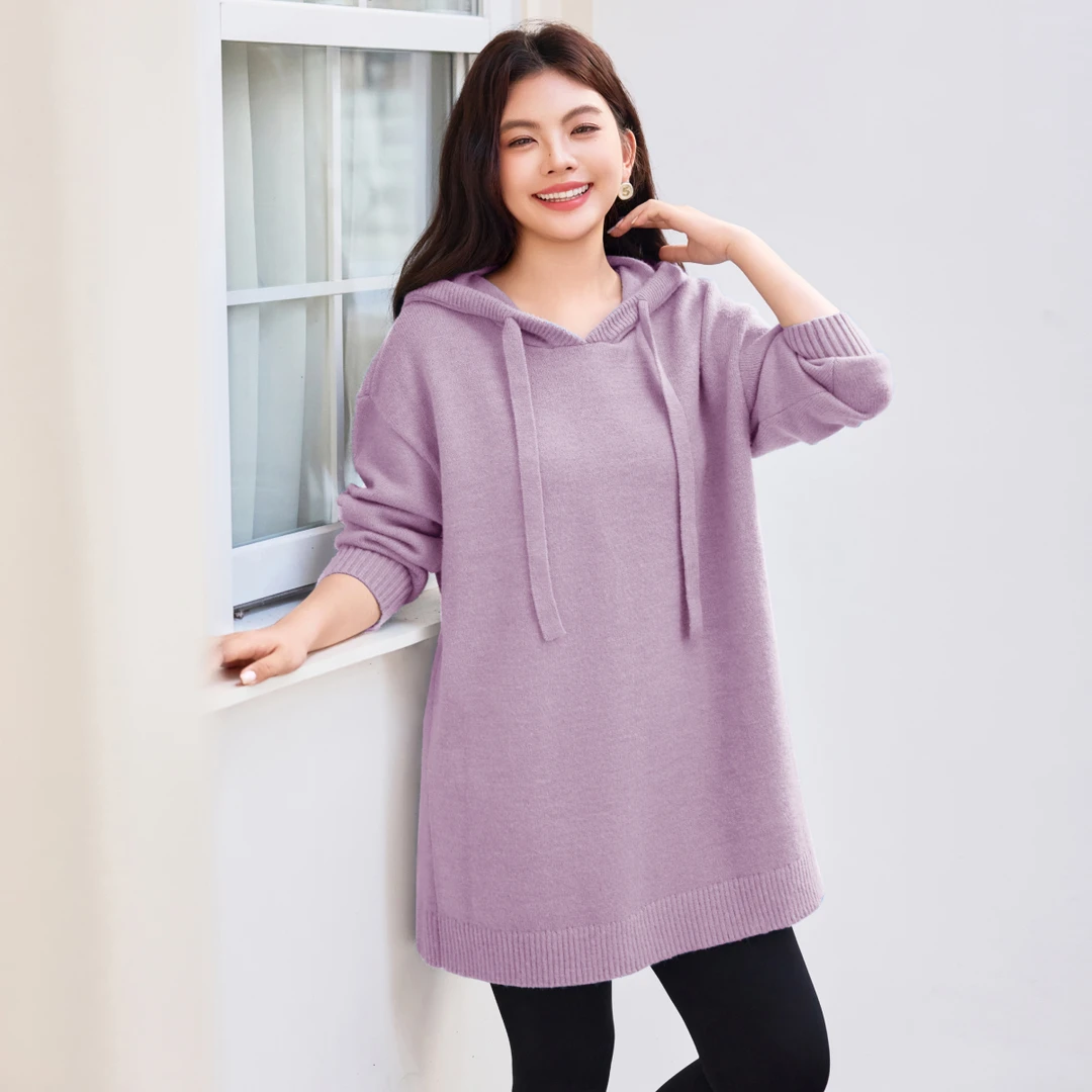 【18支北极绒】MsShe大码女装2025冬装装落肩连帽长款毛衣M2510112