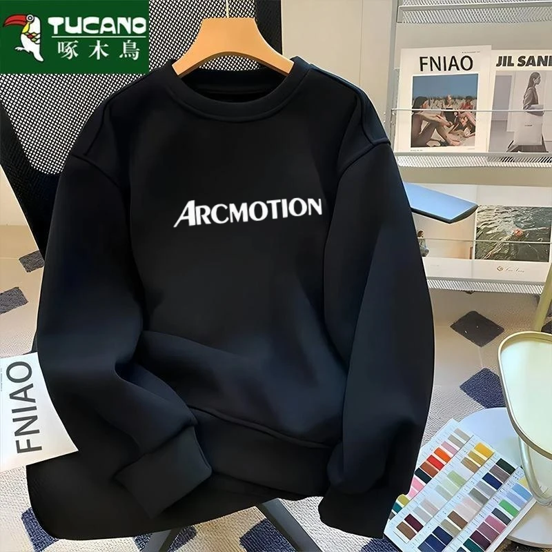 啄木鸟2025秋冬季男士卫衣宽松加绒加厚套头青少年圆领长袖打底衫