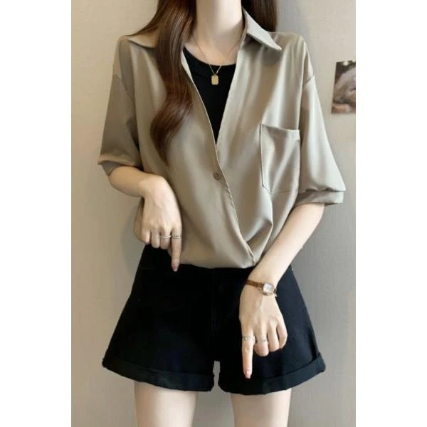 高级感假两件polo领正肩短袖衬衫女2025春夏宽松胖mm不规则上衣