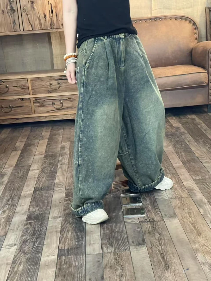 P25-008春夏水洗做旧休闲女士直筒牛仔裤(长94臀围138)