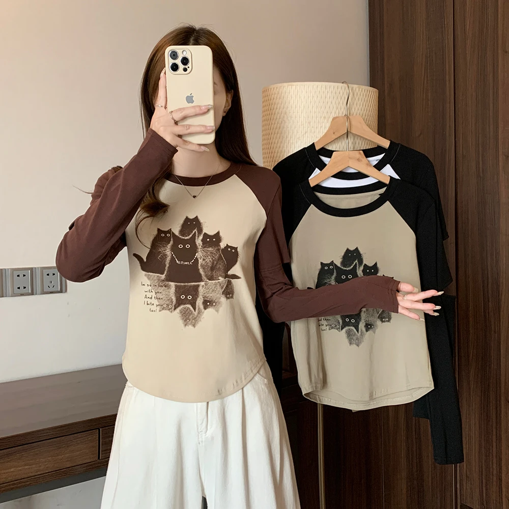 撞色美式复古甜辣猫咪割袖上衣2235