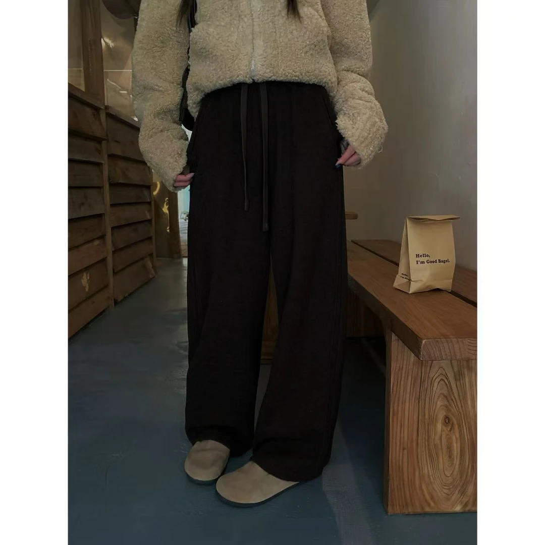 超模冬季款加绒垂感软糯窄慵懒直筒糯米裤