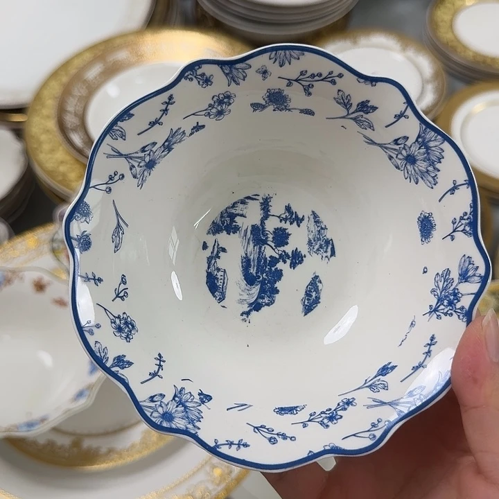 瓷5.7英寸蓝色花边沙拉碗6个