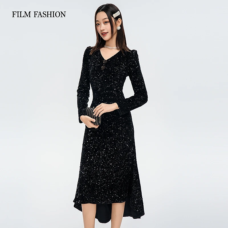 【力力淘】冬季新款珠片连衣裙礼服长袖V领法式女 FFHL146624