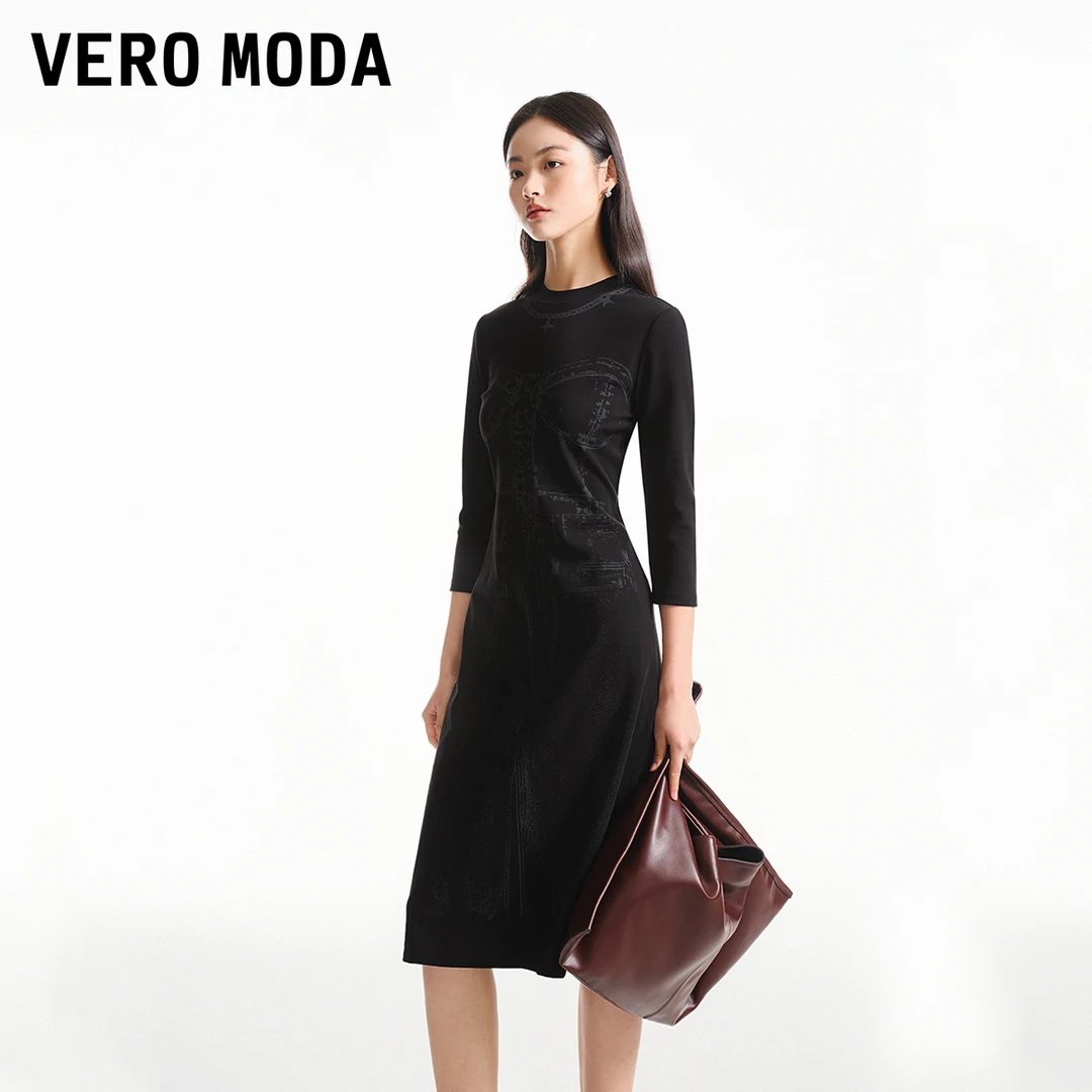 Vero Moda春游出行设计感连衣裙士七分袖直筒中长款修身324261010