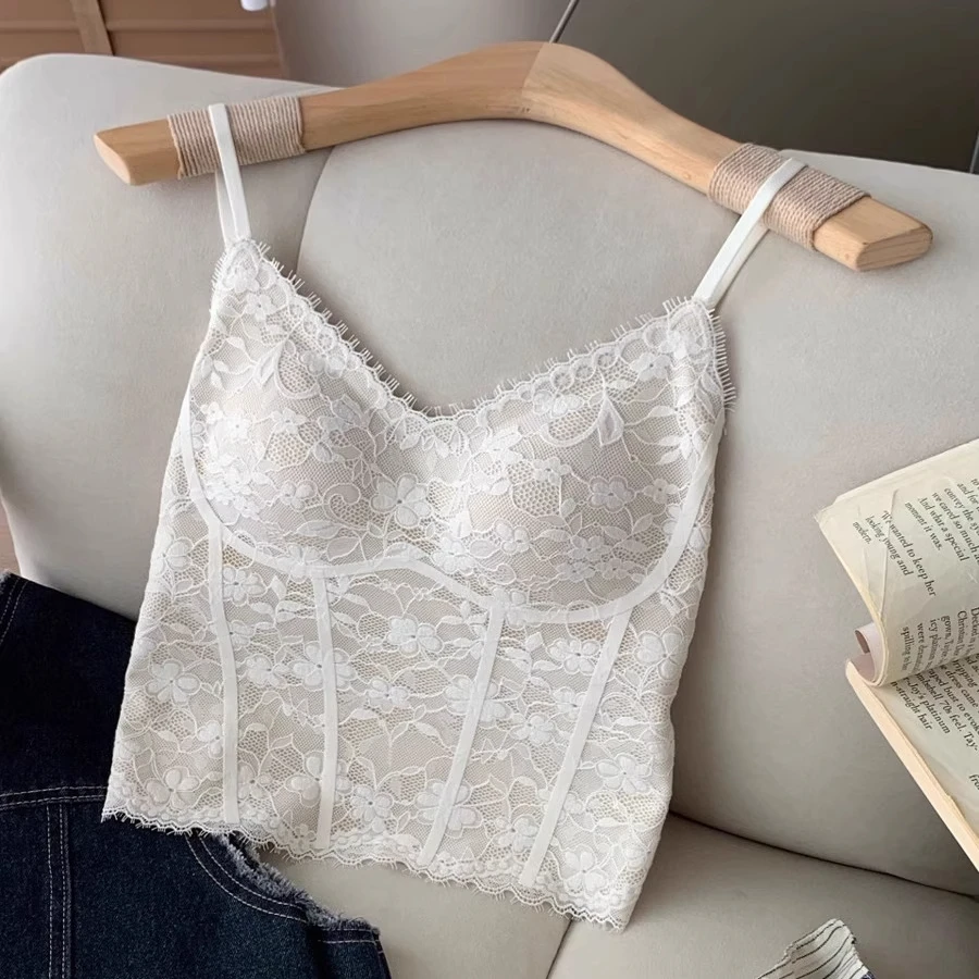 性感冰丝蕾丝吊带背心带胸垫一体式内衣塑身美背胸衣女士春夏新款