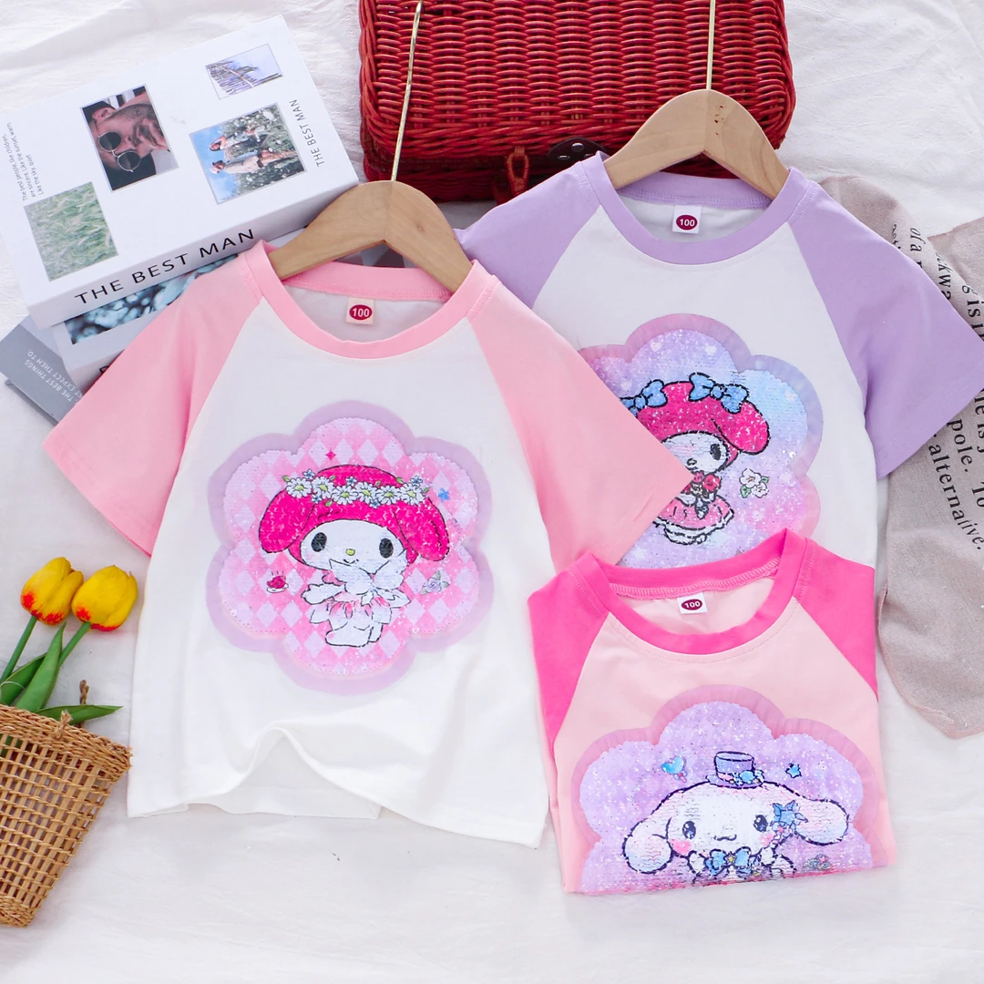 女童夏季短袖T恤夏装纯棉儿童卡通亮片上衣小女孩新款撞色拼接袖