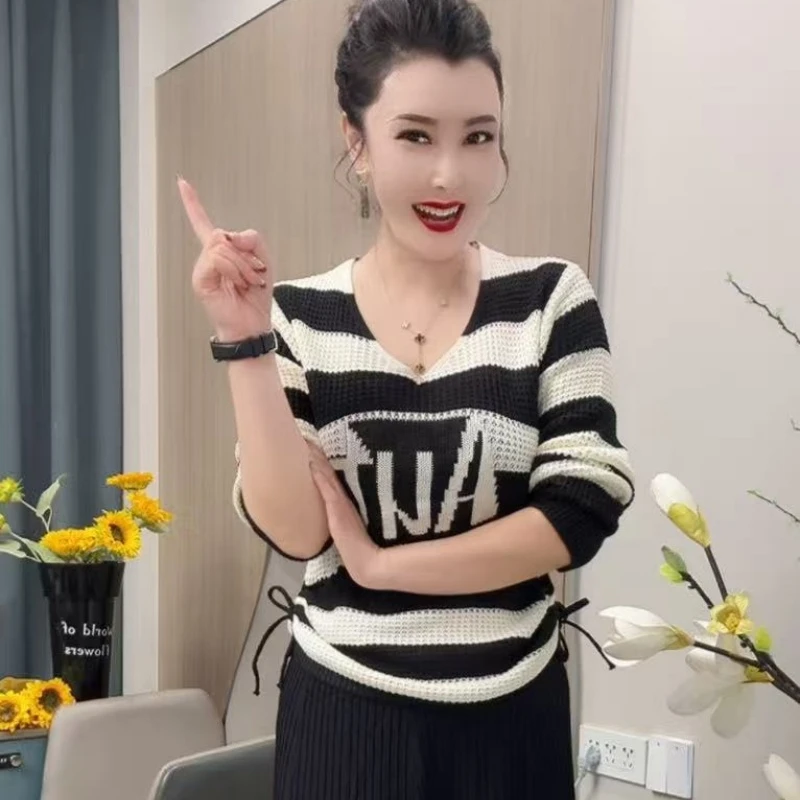 条纹针织衫百搭时尚毛针织衫女条纹针织毛衣女装秋季显瘦长袖