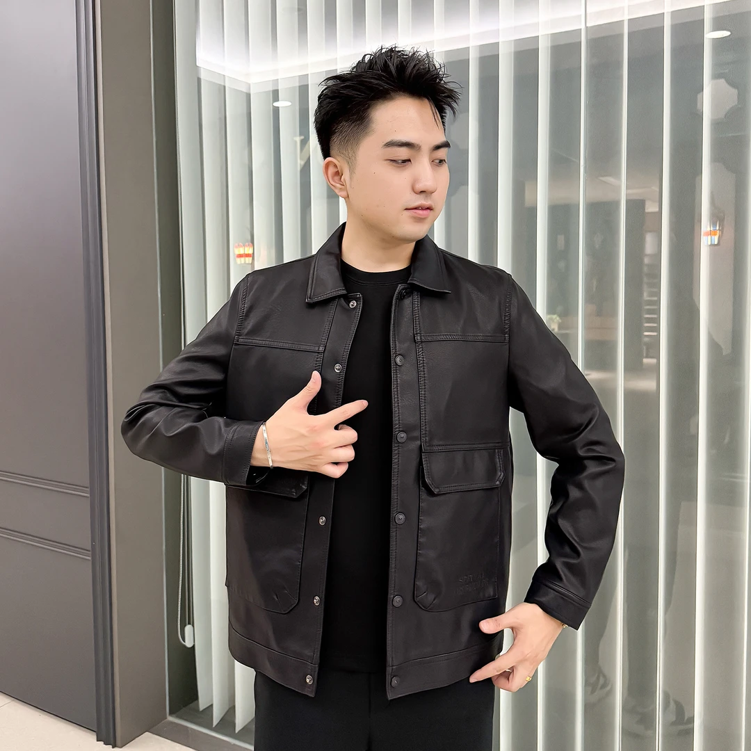秋季新款商务休闲男士翻领黑色皮夹克时尚百搭修身帅气潮流秋冬