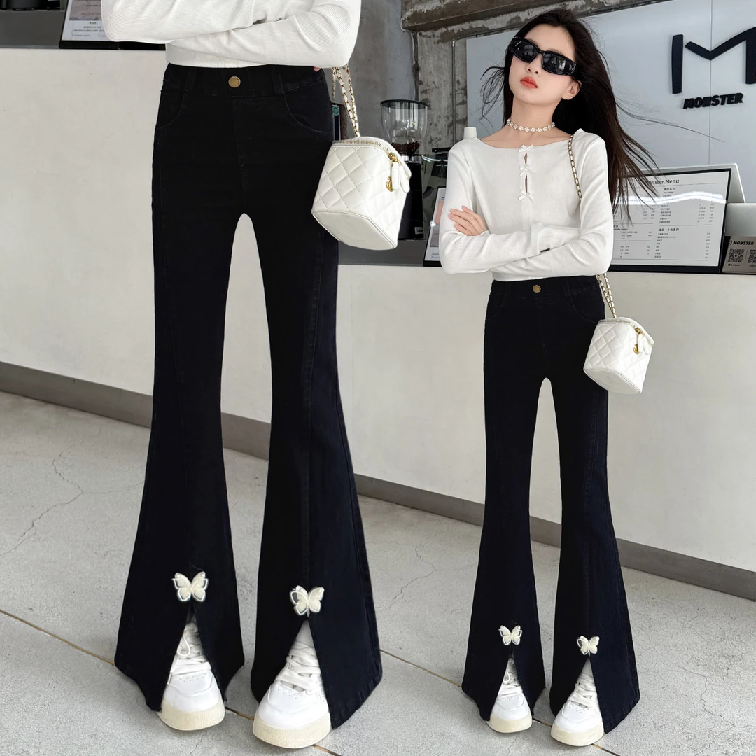 女童洋气开叉黑色喇叭裤春秋季儿童百搭微喇打底裤中大童长裤子潮