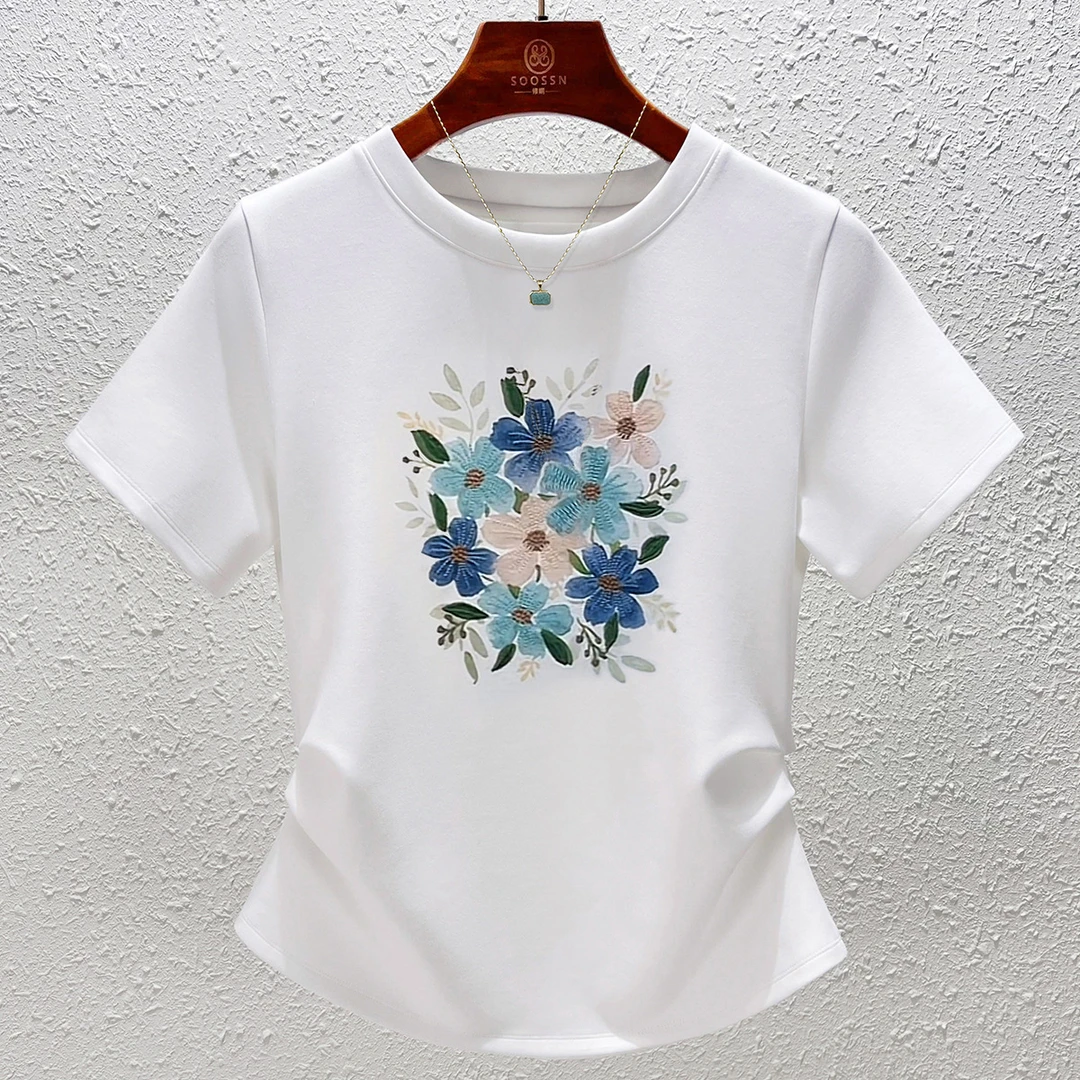 白色圆领T恤衫女短袖棉上衣重工刺绣花复古显瘦设计百搭夏季气质