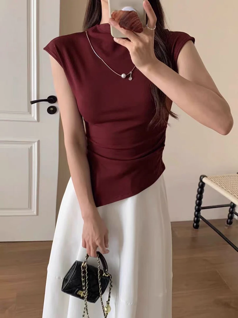 辣妹纯欲风性感夏季短袖T恤不规则小立领设计开叉收腰显瘦上衣