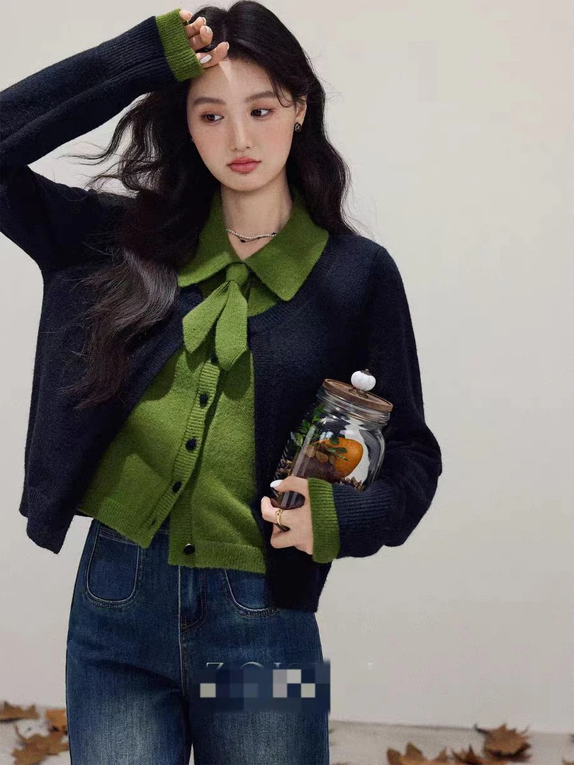 氛围感穿搭复古假两件开衫毛衣女秋季翻领超好看宽松上衣H853