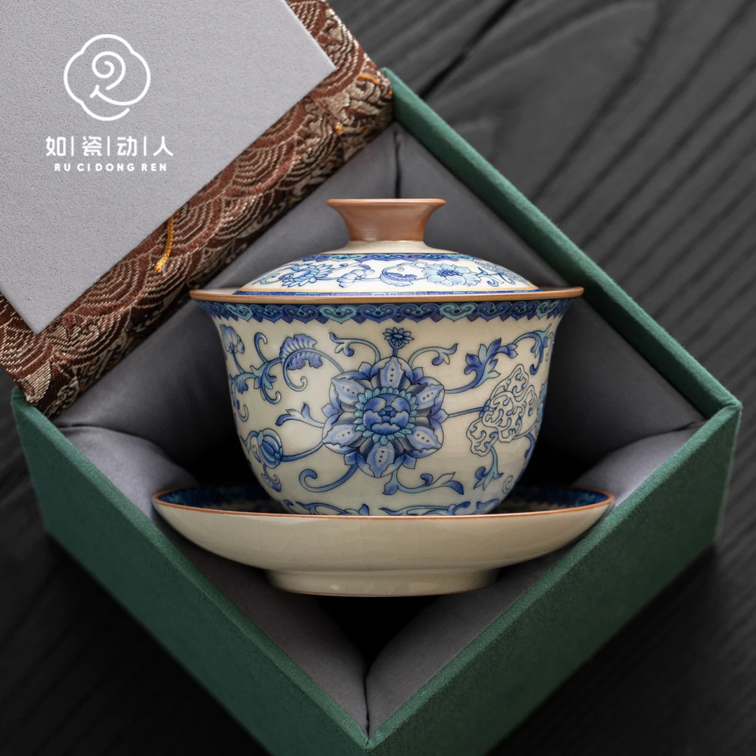 如瓷动人汝窑青花缠枝莲三才盖碗高档个人专用防烫陶瓷单个泡茶碗