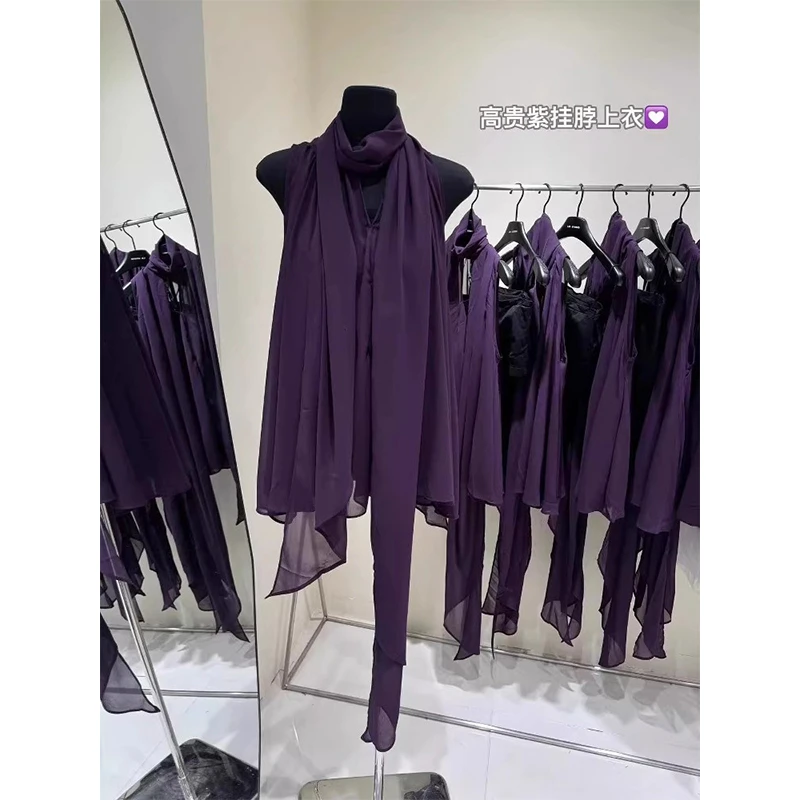 2025超火夏季新款雪纺法式独特超好看设计感小众紫色无袖衬衫