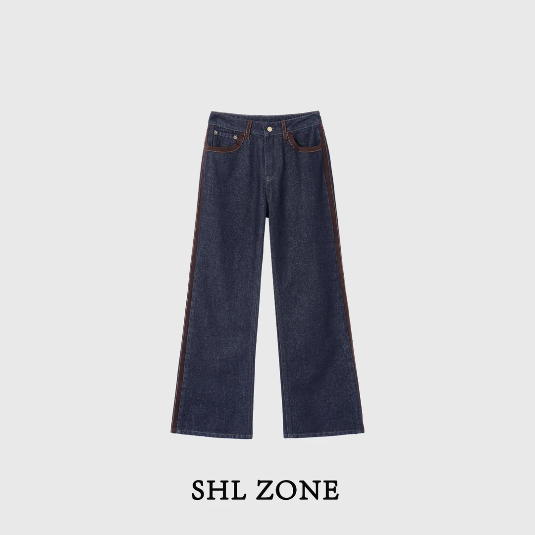 舒胡蕾 品牌经典 美式复古休闲高腰鹿皮绒拼接宽松牛仔裤