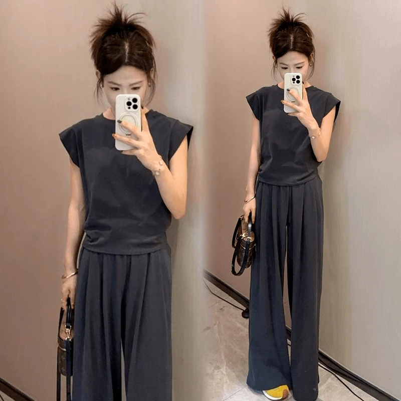 时尚洋气套装女2025夏季新款减龄小飞袖T恤显瘦阔腿裤气质两件套