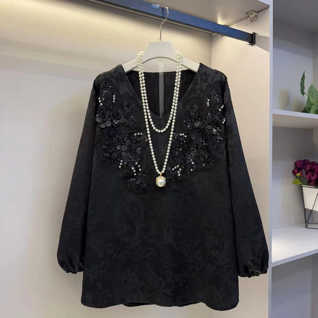 欧货2025V领高级感宽松遮肉大码胖妹妹洋气大衫(衣长75)