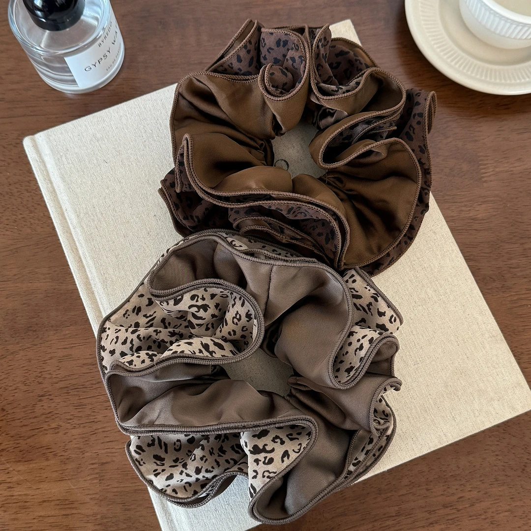 超大号头绳头饰韩国复古咖色豹纹缎面四层大肠发圈女高级感丸子头