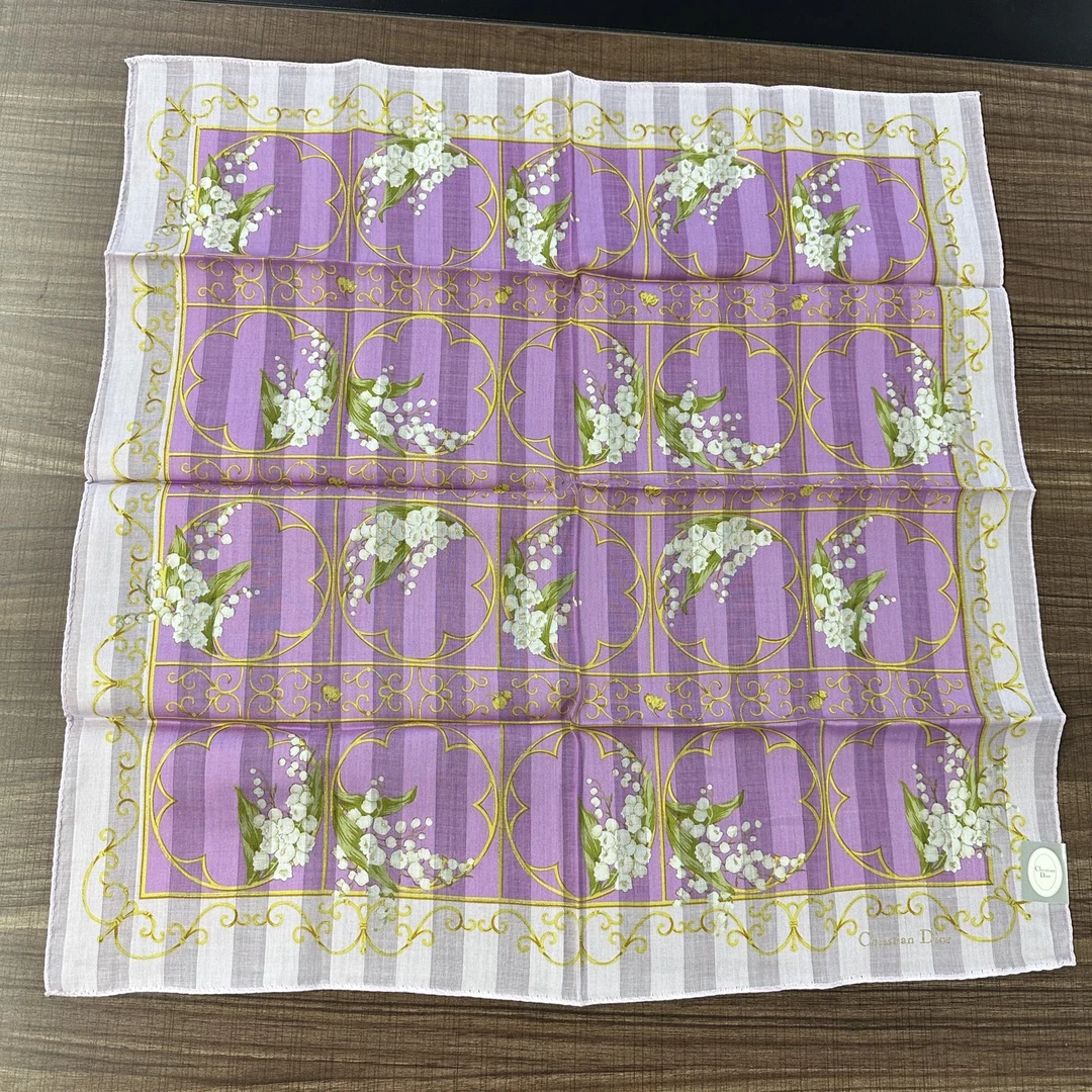 99新 DIOR/迪奥 Dior女士48*48紫色铃兰花方巾中古气质围巾156093
