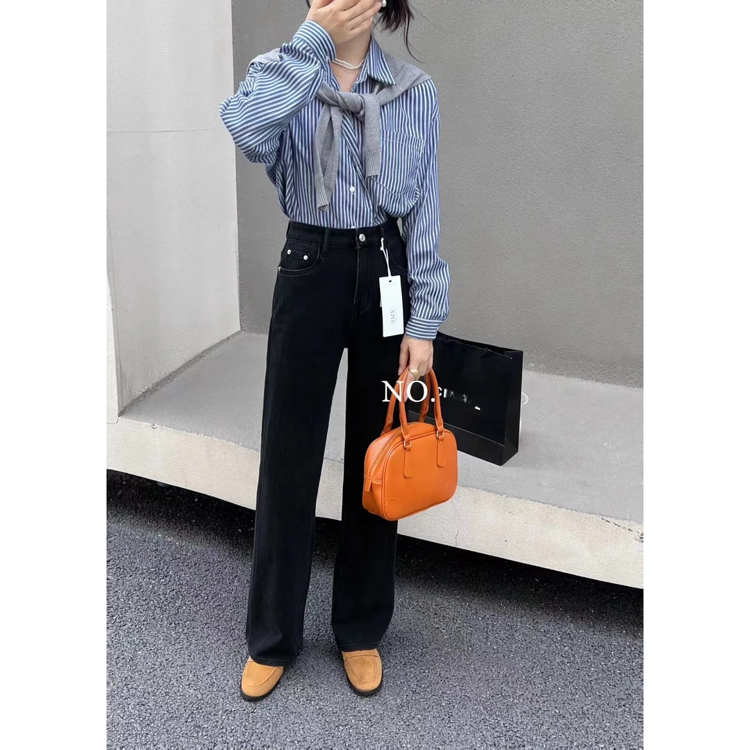 1373-【抓毛款】黑金牛仔面料 超显瘦显腿长 经典黑色搭配直筒裤