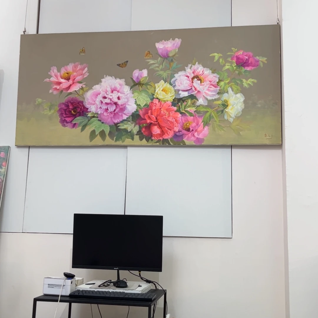爱***猫油画牡丹纯手绘油画80×180