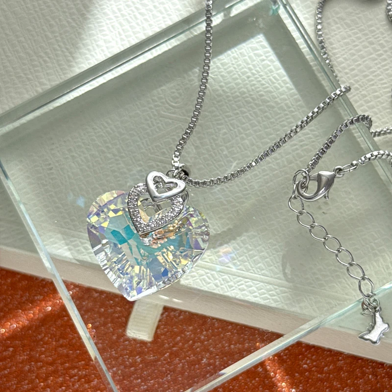 铜合金仿水晶项链 高档施家水晶耀变爱心精致毛衣链R