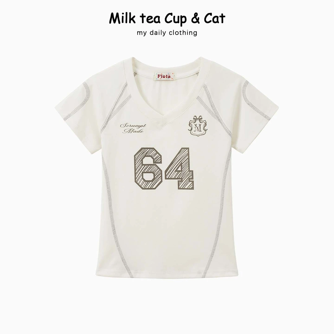 【现货】美式辣妹v领运动风拼色条纹设计感显瘦短款短袖T恤上衣1881