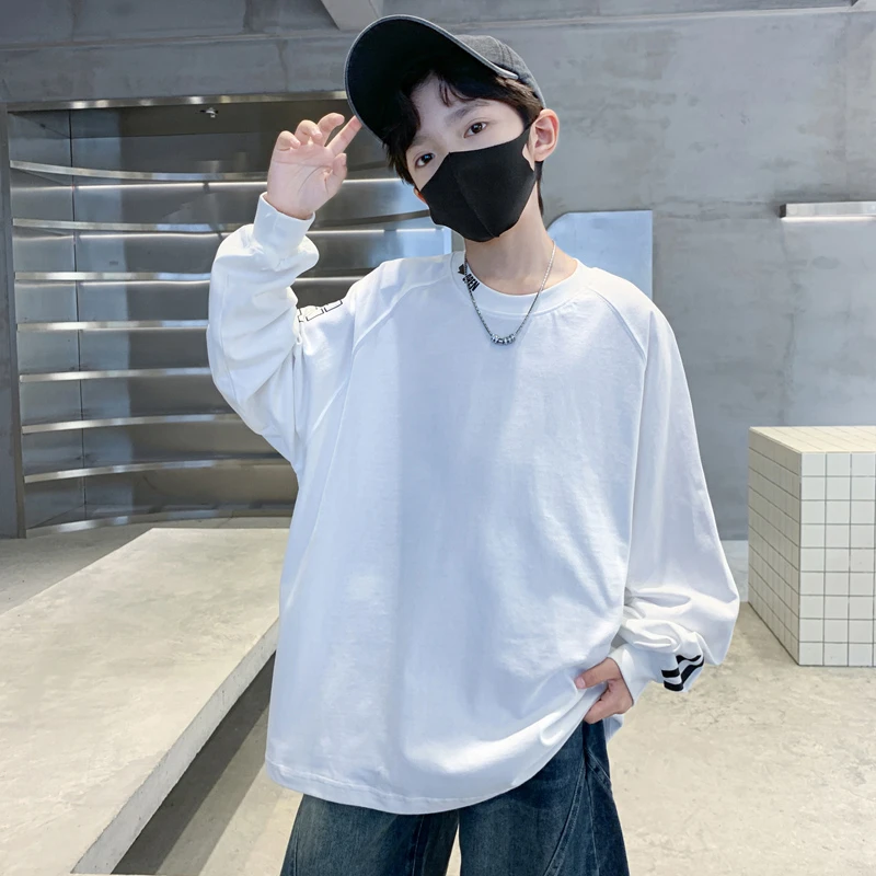 男童白色纯棉打底衫春秋款2025新款儿童亲肤舒适长袖T恤中大童15