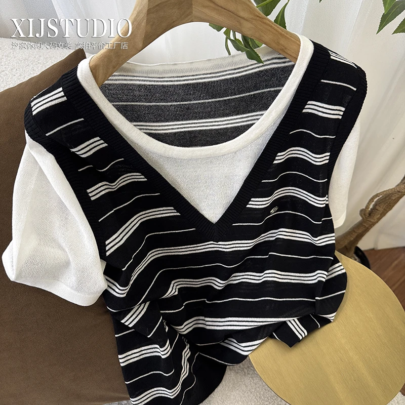 汐家女装 夏季超薄条纹假两件冰丝t恤大码新款套头短袖针织上衣