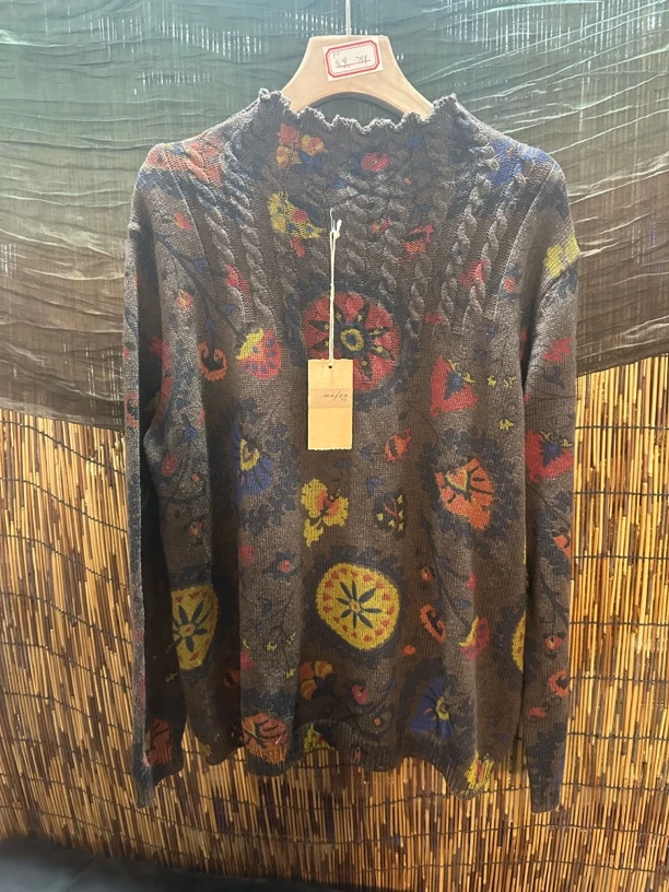 印花半高领女针织衫毛针织衫慵懒风不起球百搭大码套头打底