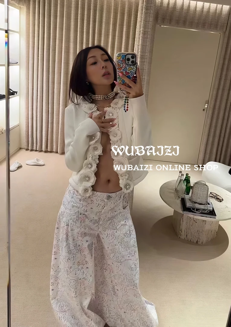 WUBAIZI 春夏25C小香风涂鸦彩绘小鱼印花休闲白色牛仔裤