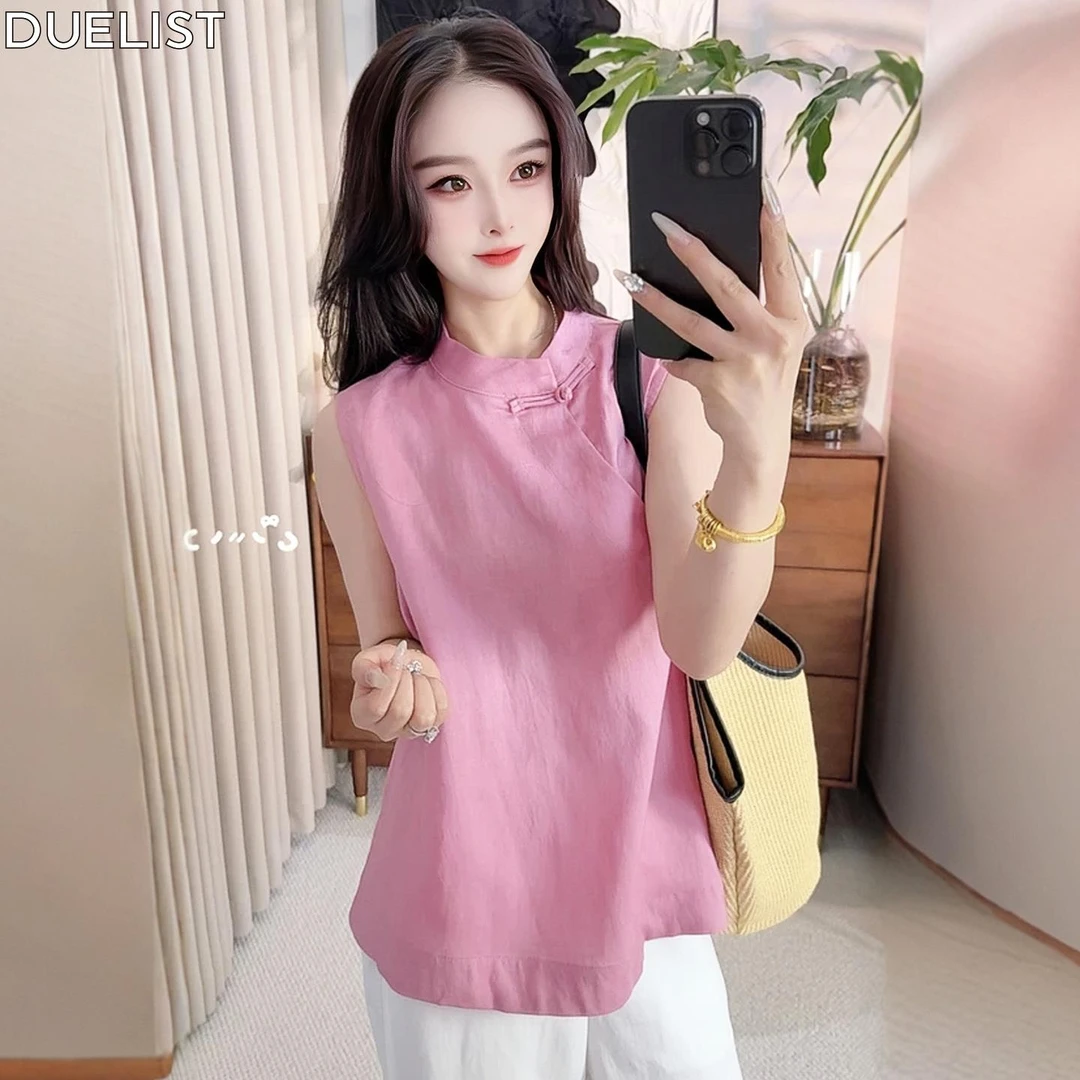DUELIST新中式盘扣衬衫女新款爆款夏季衬衣轻奢高级感无袖上衣女