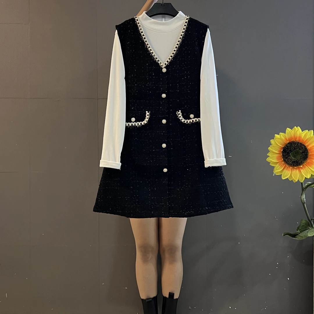 秋冬新款名媛小香风洋气减龄显瘦真两件大码连衣裙