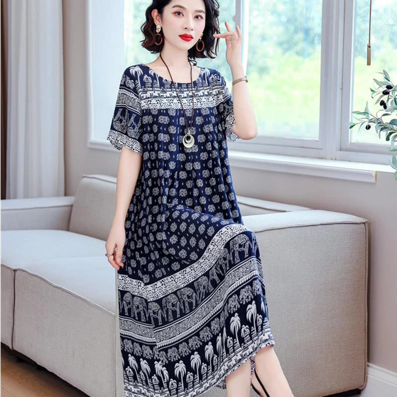 中老年妈妈夏季薄款棉绸连衣裙女士宽松垂感休闲中长款遮肚睡裙