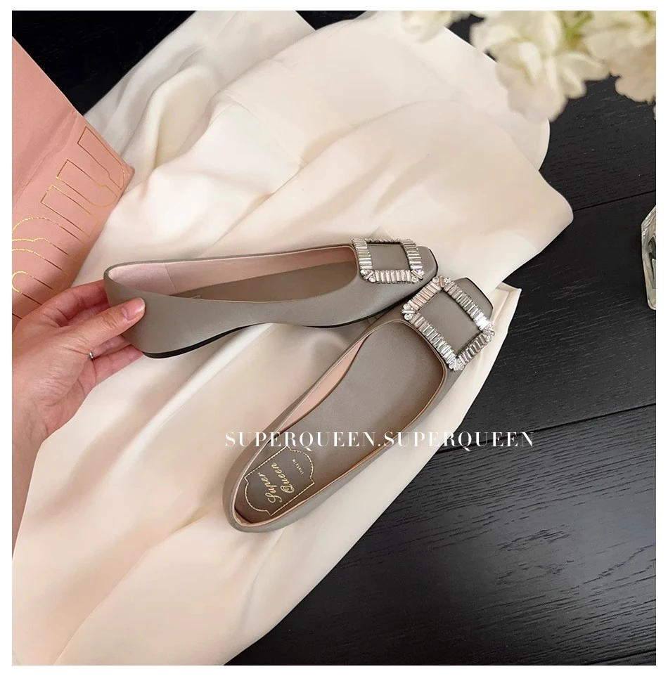 灰绿色~方头钻扣真丝单鞋女 浅口内增高平底单鞋