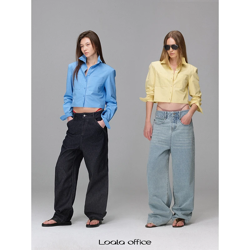 Loala office 翻领直角垫肩短款衬衫