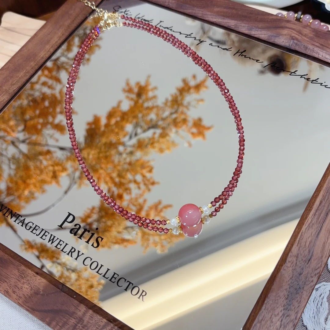 华梵古洛328天然石榴石手工气质时尚百搭小众珠珠项链