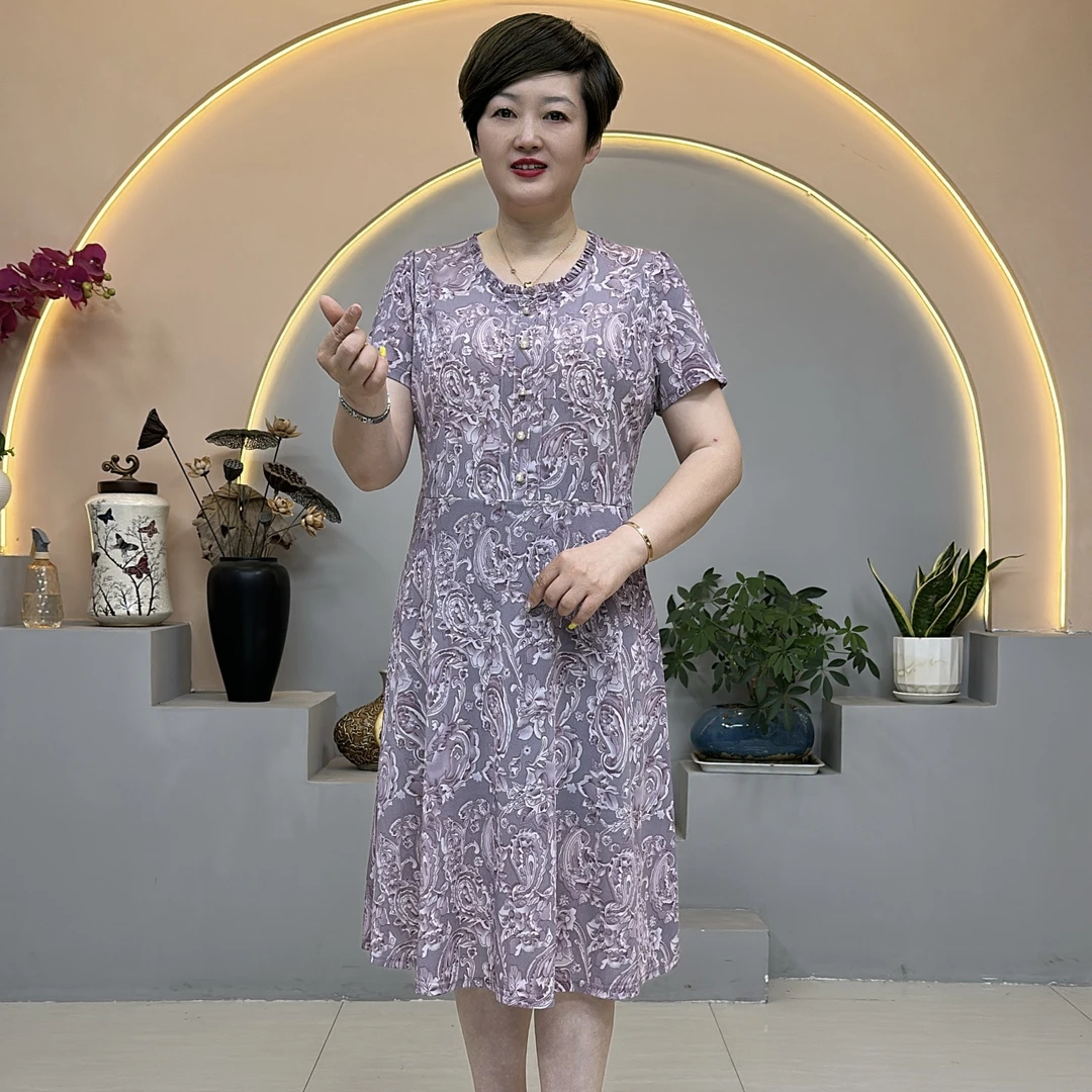 中老年女短袖印花连衣裙妈妈装中长款修身显瘦休闲碎花裙子