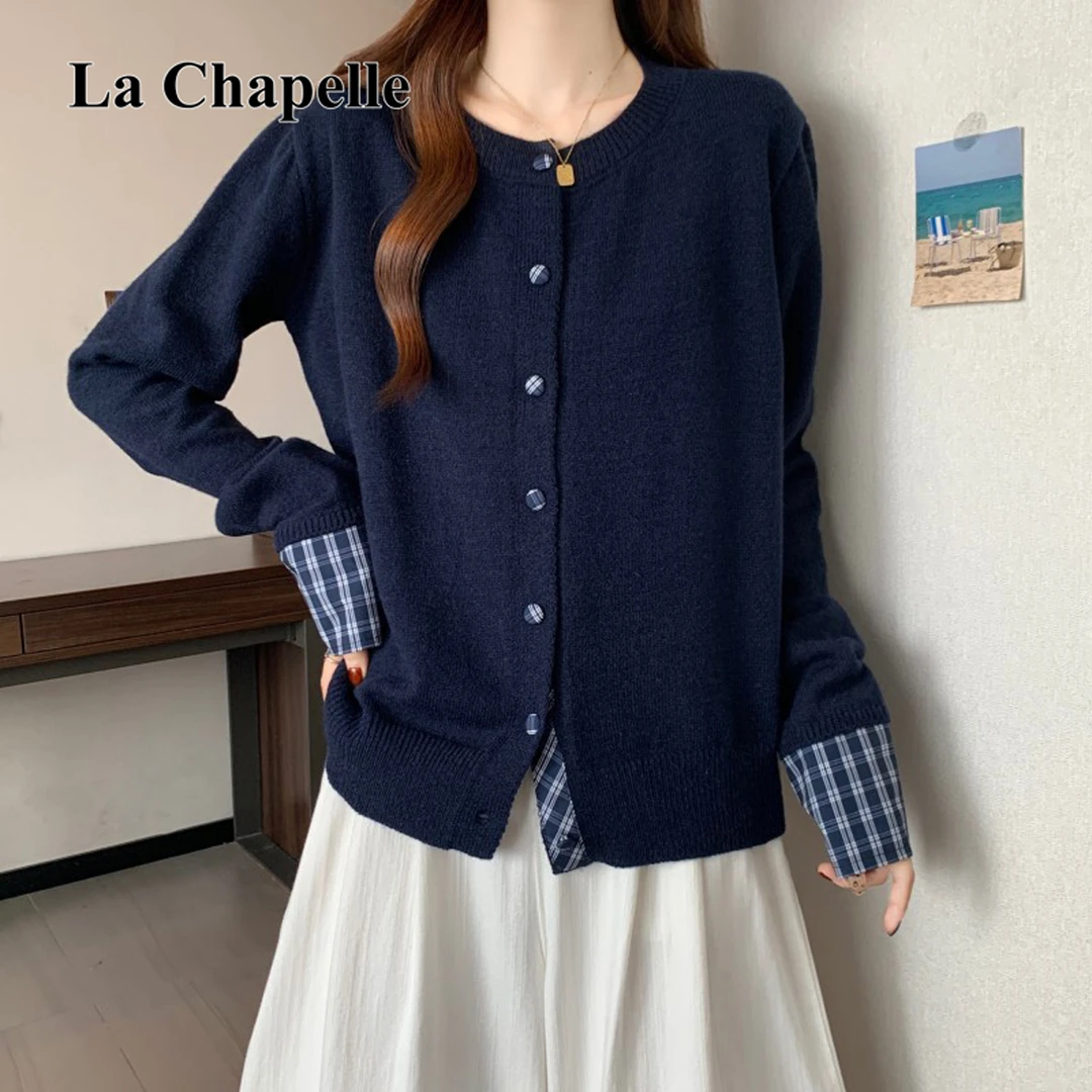 拉夏贝尔大码秋冬款圆领格子拼接翻领针织正肩打底韩系百搭毛衣女