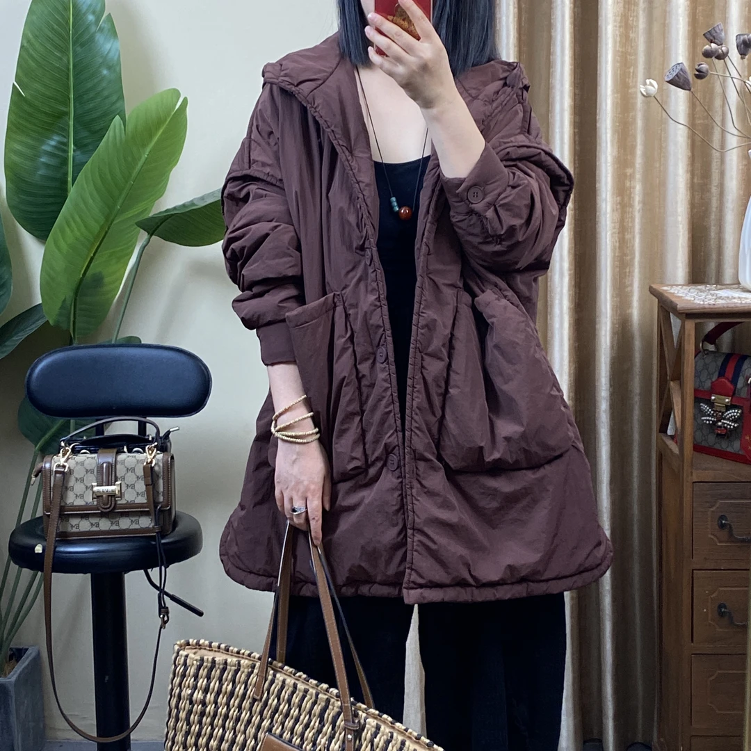 2025冬季新款休闲简约显瘦大口袋连帽棉服外套
