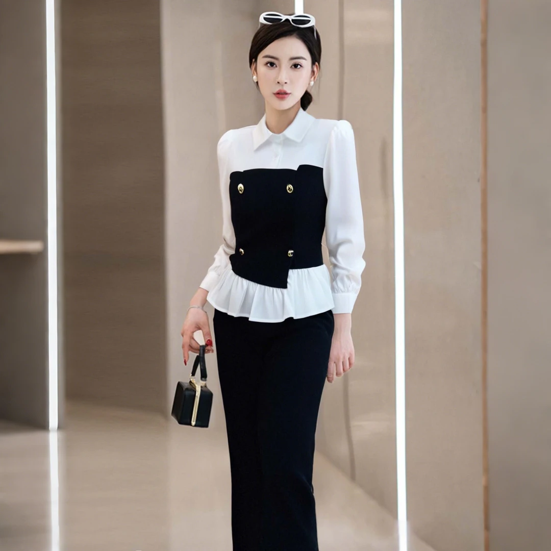 A【两件套】喇叭裤两件套女2025时尚高级感衬衫套装入春套装D0496