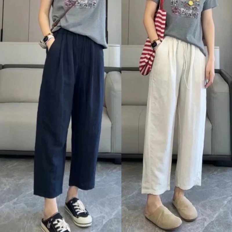 莱赛尔亚麻阔腿裤女夏季新款时尚百搭宽松休闲裤子