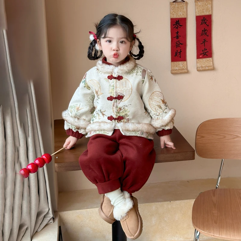 女童过年服爆款中国风过年战袍冬装儿童女宝加厚拜年套装服抓周服